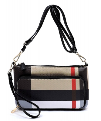 Plaid Check Print Front Pocket Clutch Crossbody Bag BT2594 BLACK